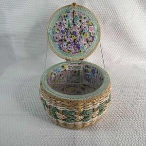 Vintage Singer Round Woven Sewing Basket Floral Lining Pin Cushion Tray Japan